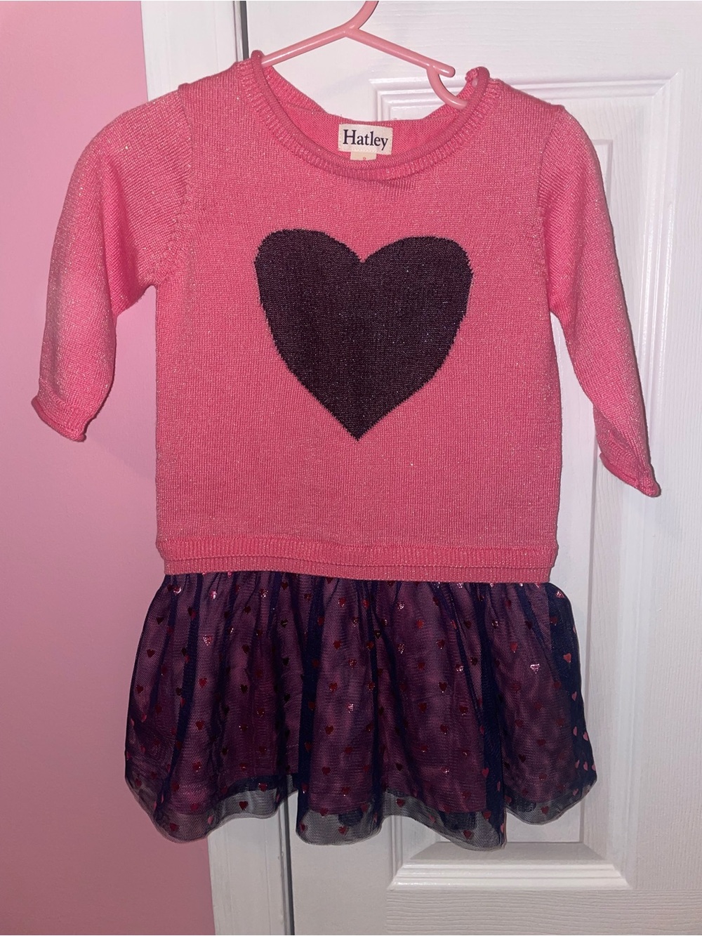 Hatley Pink Sweater Dress with Navy Heart Tulle Skirt